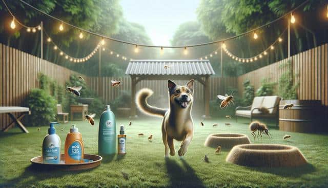 A happy dog runs in a yard with bees, pet shampoo bottles, and string lights in the background.