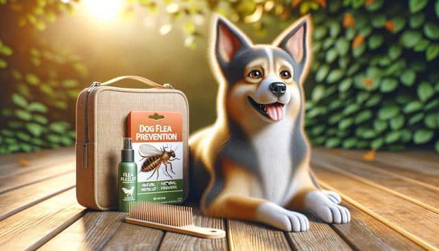 Smiling dog with flea prevention products, including a spray, comb, and packaging, on a wooden deck with leafy background.