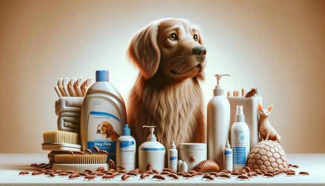 A dog surrounded by flea treatment products and grooming tools, with fleas crawling around.
