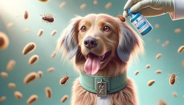 A golden dog with a teal collar, surrounded by fleas, and a gloved hand holding flea treatment.