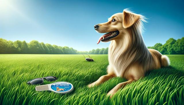 Golden retriever on grass, smiling; sunglasses and flea prevention comb nearby; sunny day.