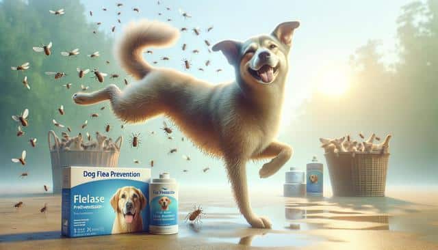 A happy dog surrounded by flying fleas, with flea prevention products and a basket of dog treats nearby.