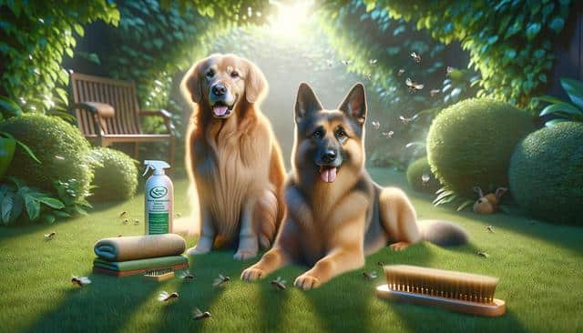 Two dogs sitting on grass in a garden with flies, a spray bottle, towels, and a brush nearby.