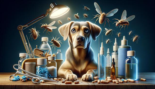 A concerned dog surrounded by various medicines, medical tools, and flying insects under a lamp.