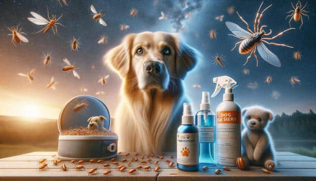 Golden retriever surrounded by flying insects, with pet products on a wooden table and a landscape background.