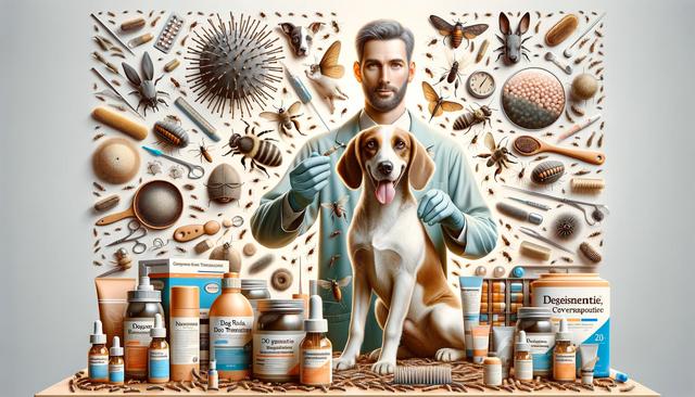 A veterinarian with a dog and various veterinary supplies, surrounded by illustrations of insects and medical tools.