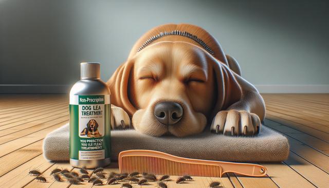 A sleeping dog on a mat, surrounded by a flea comb, flea treatment bottle, and fleas on the floor.
