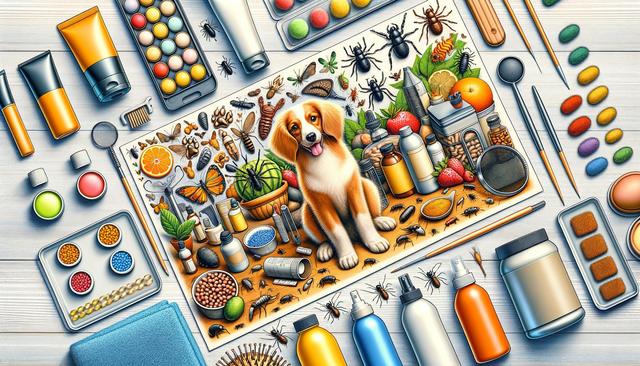 A detailed, colorful illustration with a puppy surrounded by various insects, fruits, medicine bottles, and art supplies on a table.