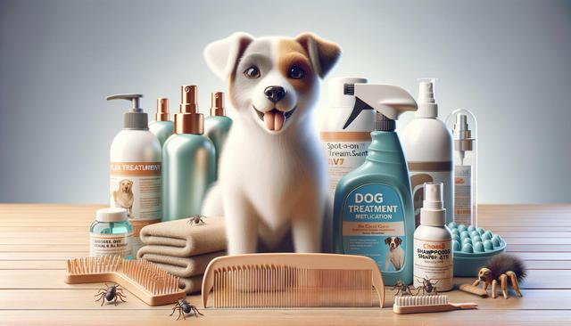 A happy dog with various flea and pet care products, including sprays, shampoos, and grooming tools, surrounded by cartoon fleas.