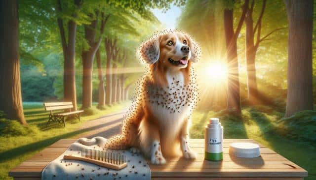 A dog with fleas sits on a table with a flea treatment bottle and comb nearby in a sunny park.
