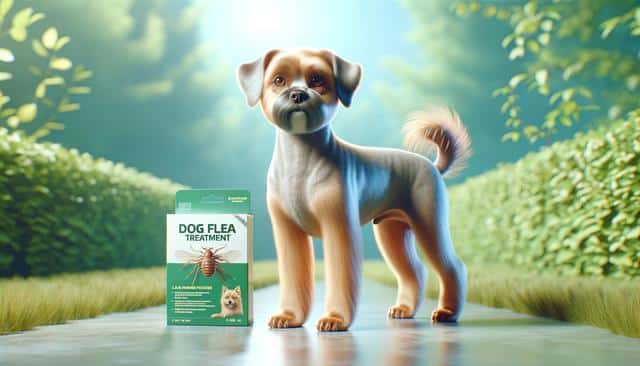 A small dog stands on a path beside a box of dog flea treatment against a green, leafy background, with sunlight filtering through.