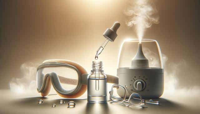 Aromatic diffuser emits mist next to a dropper bottle, ski goggles, and eyeglasses.