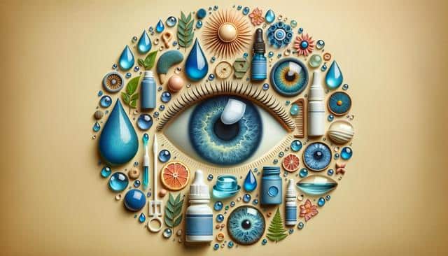 Artistic eye collage with blue elements, droplets, leaves, and various objects on a beige background.