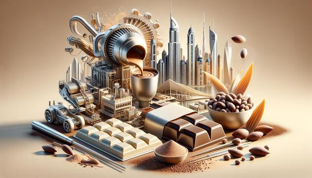 Surreal image of chocolate bars, cocoa pods, and machinery blending into a city skyline.