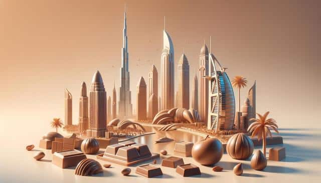 Chocolate cityscape featuring iconic skyscrapers like the Burj Khalifa.