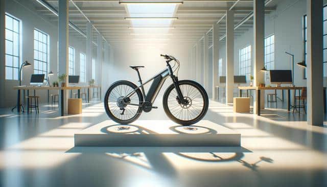 A sleek black electric bicycle displayed on a platform in a modern, well-lit office space.