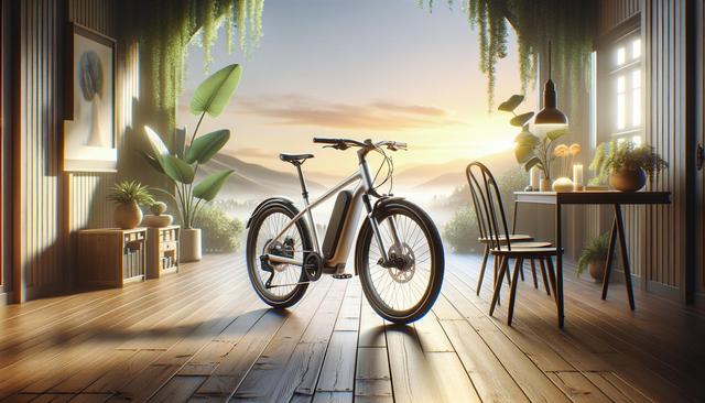A sleek modern bicycle is placed indoors on a wooden floor, surrounded by plants and furniture, with a scenic sunrise or sunset visible through large windows.