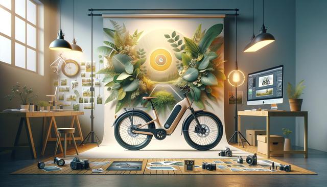 Stylish electric bike in a studio with greenery, photos, and cameras, near a computer displaying bike images.