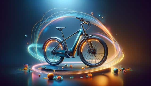 A futuristic bicycle with glowing tires surrounded by swirling colorful light trails and floating spheres.