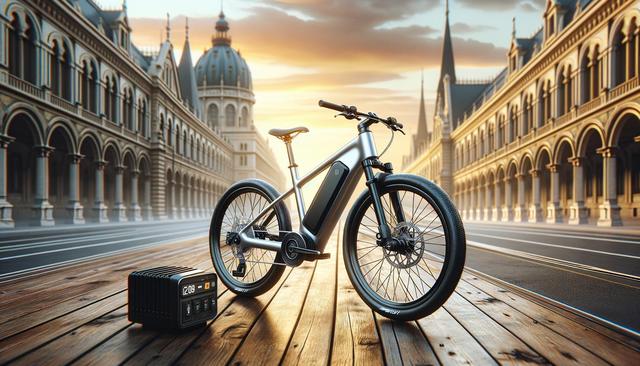 Electric bike on a wooden platform over a cityscape at sunset.