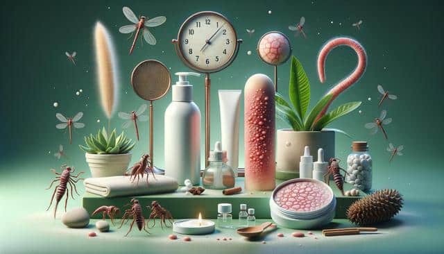 Fantasy still life with dragonflies, clocks, scorpions, succulents, and various bottles on a green background.