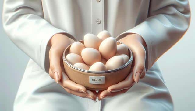 Person in a white coat holding a bowl of eggs.