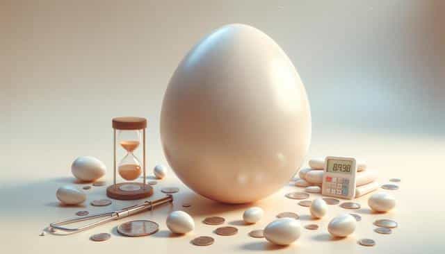 A large egg surrounded by smaller eggs, coins, an hourglass, and a small calculator.