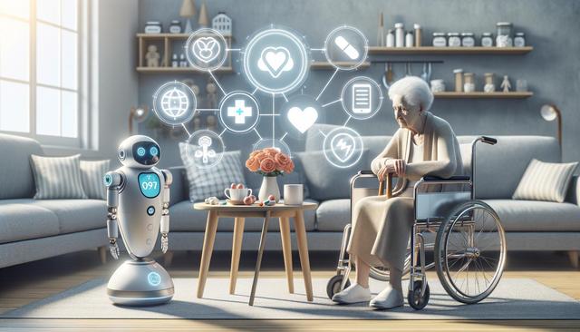 An elderly person in a wheelchair interacts with a robot in a cozy living room, surrounded by floating digital health icons.
