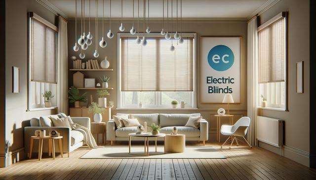 A modern living room with beige tones, sofas, plants, pendant lights, bookshelves, and a window with electric blinds.