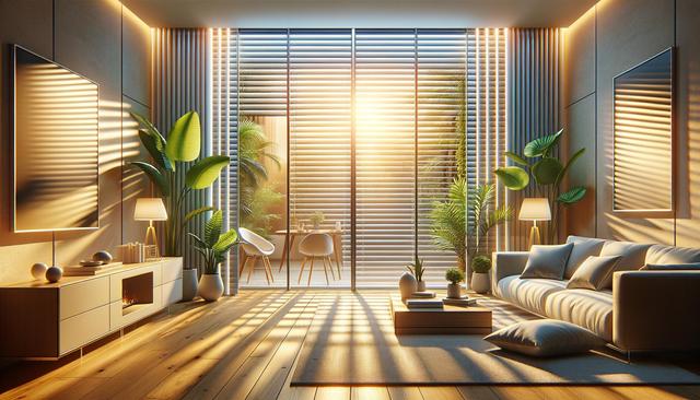 Sunlit living room with a sofa, indoor plants, and a large window with blinds.