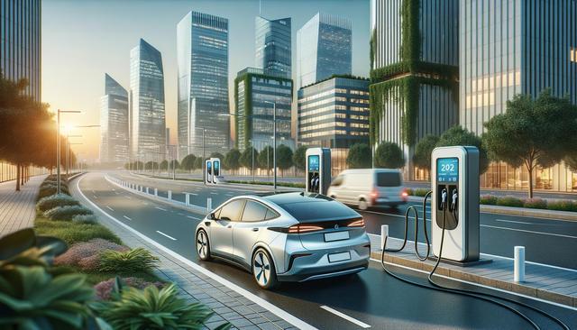 Futuristic electric car charging on a city street with modern skyscrapers and greenery.