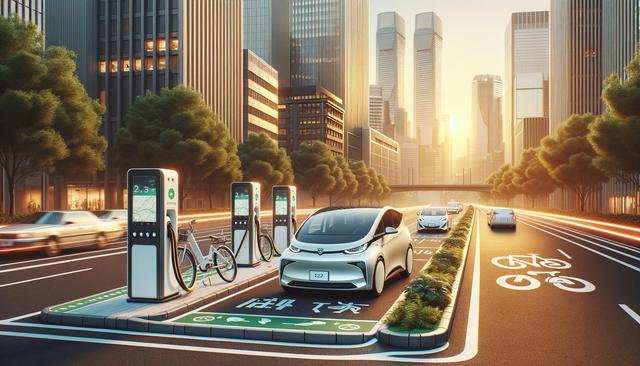 Futuristic city with electric car charging stations, bicycles, and buildings at sunset.