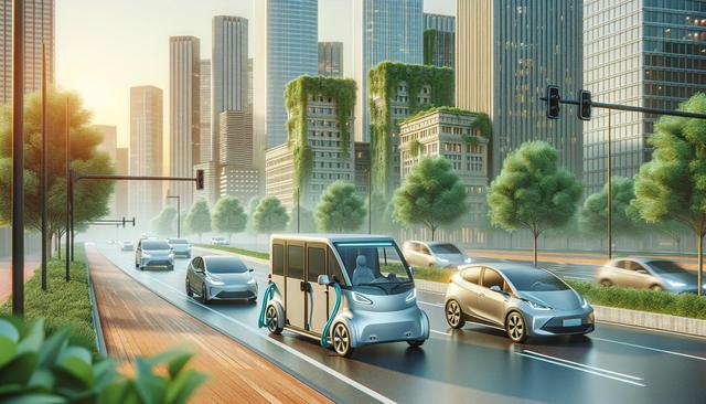 Futuristic cityscape with autonomous electric vehicles on a road lined with trees and buildings covered in greenery.