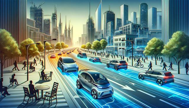 Futuristic cityscape with self-driving cars, digital roadways, trees, and modern buildings.