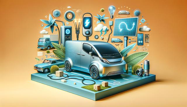 Futuristic electric van with eco-friendly symbols and tech gadgets on an orange background.