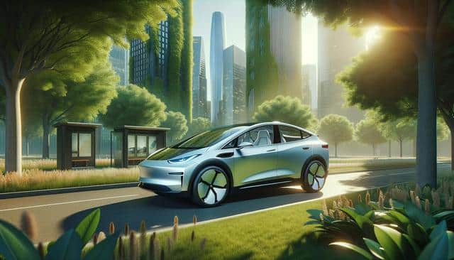 Futuristic car on a tree-lined road in a city with green-covered skyscrapers.