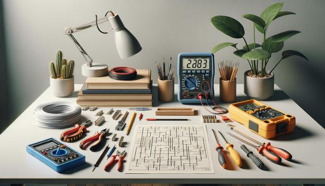 A workspace with tools, digital multimeters, wires, circuit diagram, notebooks, a lamp, and potted plants.