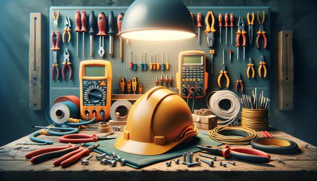 A workbench with a yellow hard hat, tools, wires, and meters under a hanging light.
