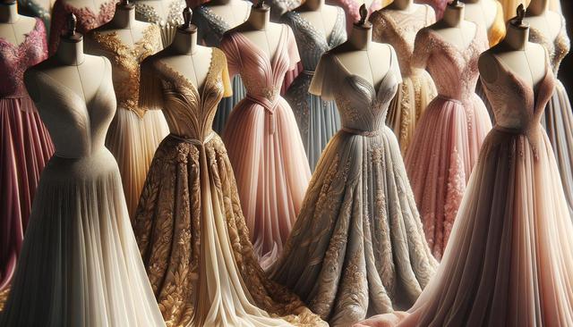 Elegant gowns on mannequins with intricate embroidery in pastel shades.