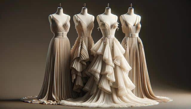 Four elegant evening gowns on mannequins in neutral shades, featuring pleats, layers, and floral embellishments.