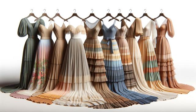 Nine elegant, pleated dresses in various colors and styles hang on wooden hangers.