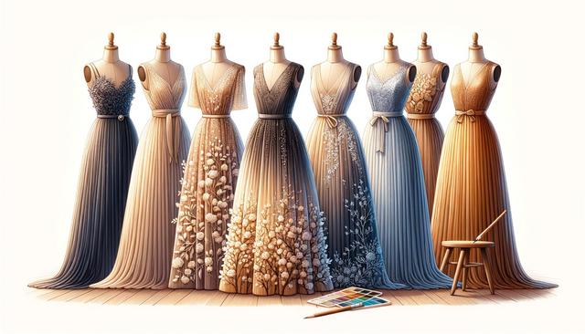 Seven elegant dresses on mannequins with floral patterns in various colors, alongside a small stool and a paint palette.