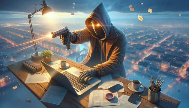 A hooded figure with glowing eyes uses a laptop at a desk, holding a gun, overlooking a cityscape with floating letters in the sky.