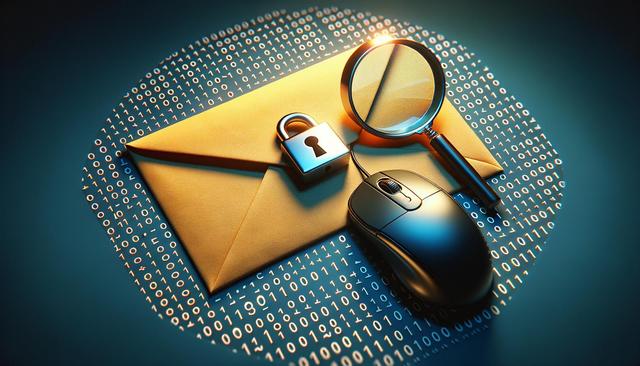 An envelope with a lock, magnifying glass, and computer mouse on binary code.
