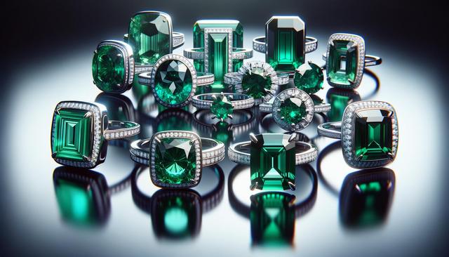 A collection of silver rings with large, sparkling green gemstones, arranged on a reflective surface.