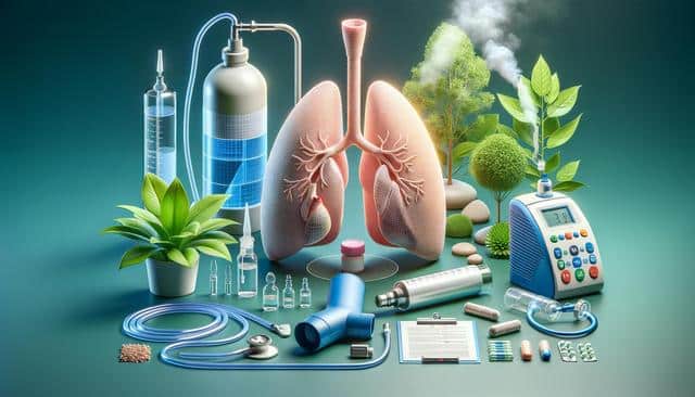 Medical equipment and plants surround a large pair of human lungs, with various medical supplies, a stethoscope, and a digital monitor displayed.