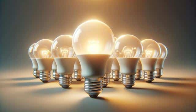 A group of glowing incandescent light bulbs on a dim background.