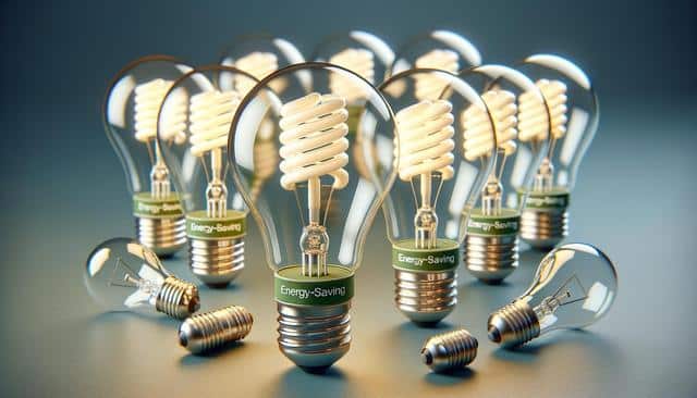Array of energy-saving light bulbs with spiral designs, some lit, surrounded by unlit bulbs on a gray surface.