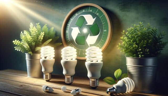 Energy-saving bulbs on a wooden table with plants and a recycling symbol on the wall.