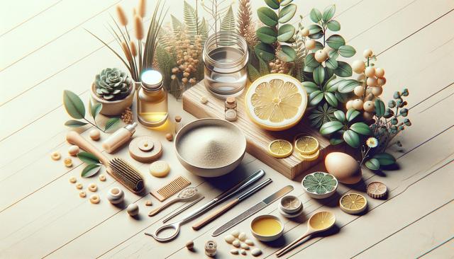 A flat lay of natural skincare items, including plants, citrus slices, oils, bowls, and brushes on a light wooden surface.